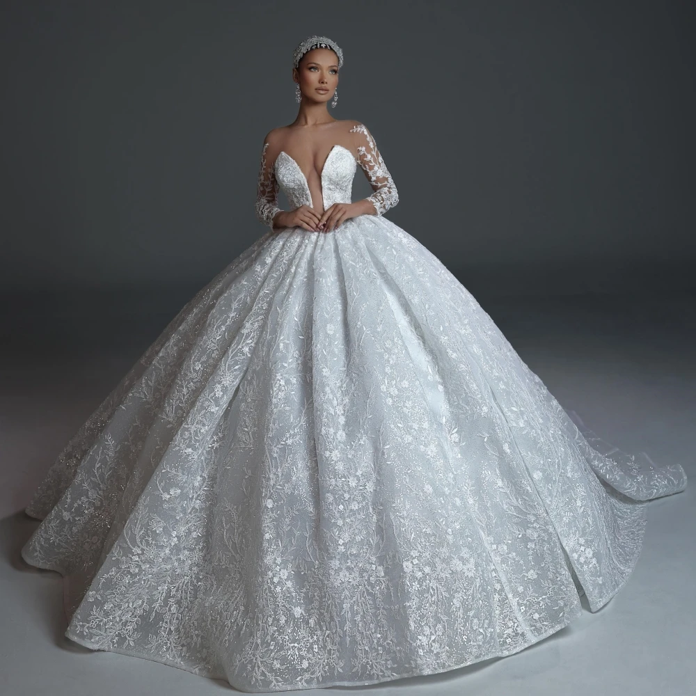 Sexy Ball Gown Wedding Dress Sheer V Neck Long Sleeves Bridal Gowns Sequins Appliques Sweep Train Dresses Custom Made vestidos de novia