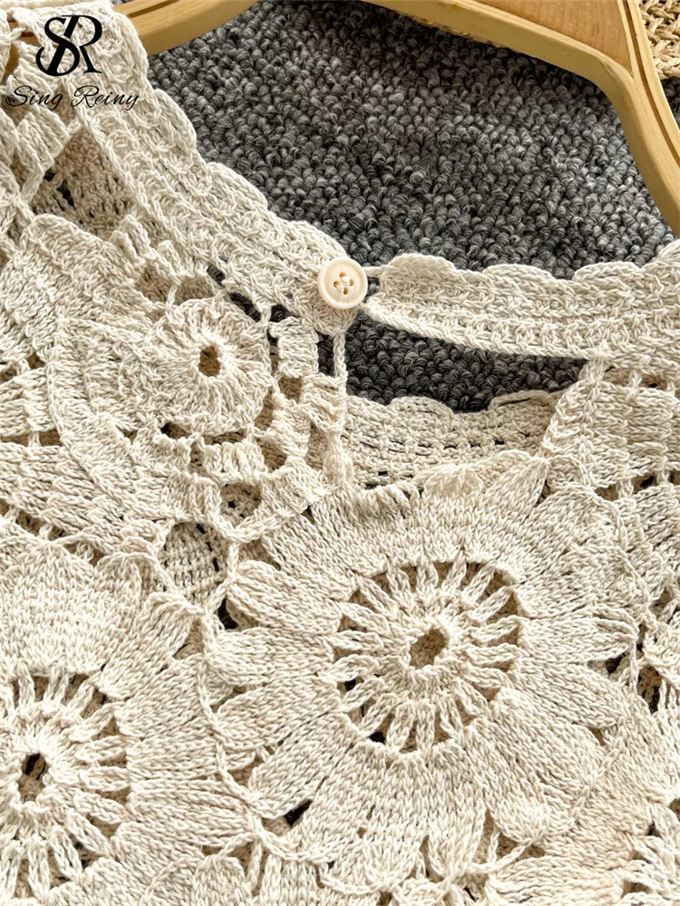 SINGREINY Korean Basic Knitting Tank Tops Female Sleeveless Hook Flower Hollow Chic n Summer Sweet Fashion Knitted Blouse 250515