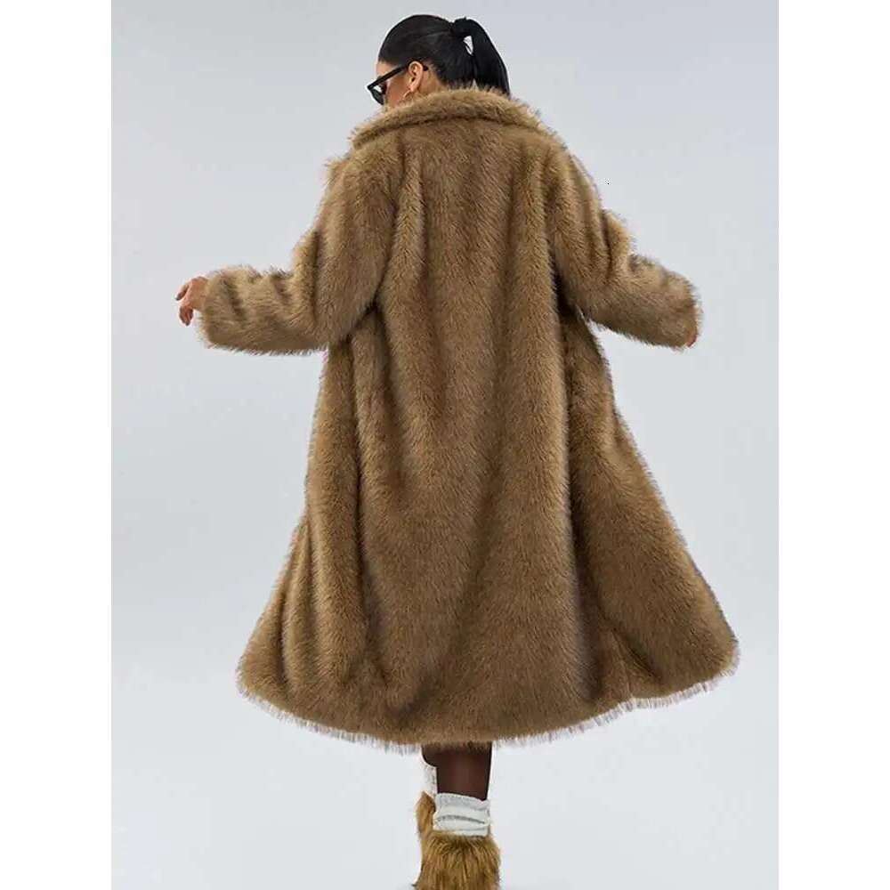 DEAT Fashion Women's Faux Fur Coat Lapel Long Sleeve Solid Color Loose Thick Warm Camel Jackets Winter 2024 New 7Ab5403