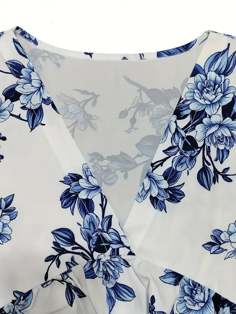 Plus Size 1XL-5XL Women Fashion Summer V-neck Floral Print Short Sleeves Dress Ladies Elegant Print Loose Summer Dress 250509