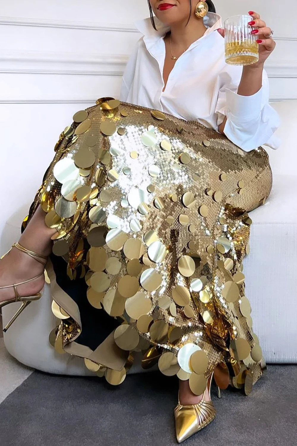 Womens Plus Size Formal Skirts Elegant Gold Long Sequin Party Club Evening High Waist Skirts Female Casual Cocktail Skirts 250514