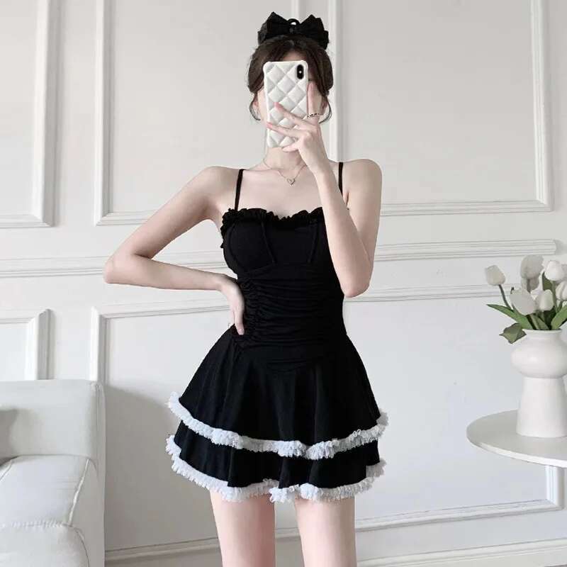 sexy Korean fashion patchwork swimsuit one piece ruffles mini dress culottes bikinis padded swimwear sweet beach outfits biquini