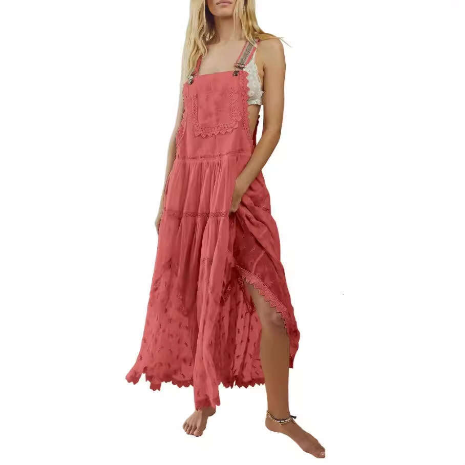 2024 Women's Casual Lace Embroidered Long Dress with Adjustable Shoulder Straps and Flowing Skirt
