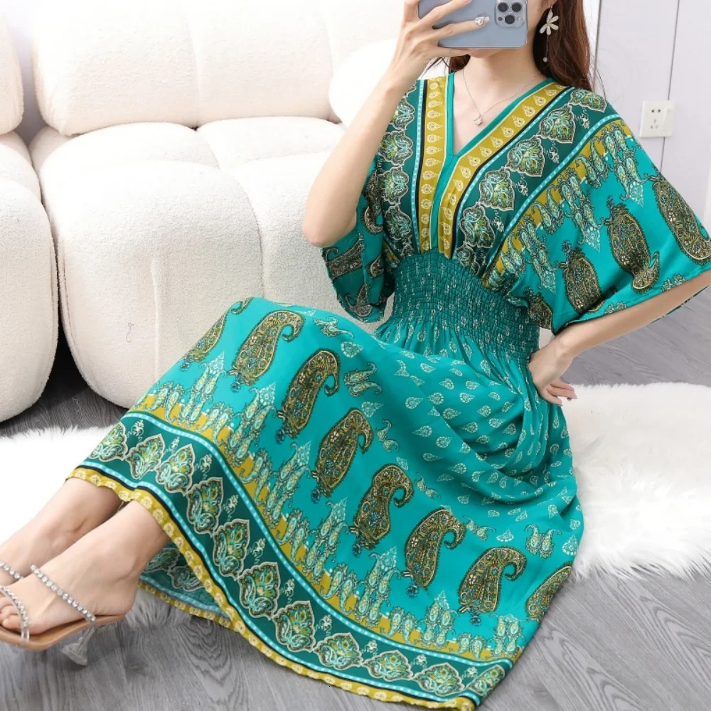 Chic Elegant Office Ladys Dress Short Sleeve High Waist ALine Midi For Women Vintage Female VNeck Retro 250515