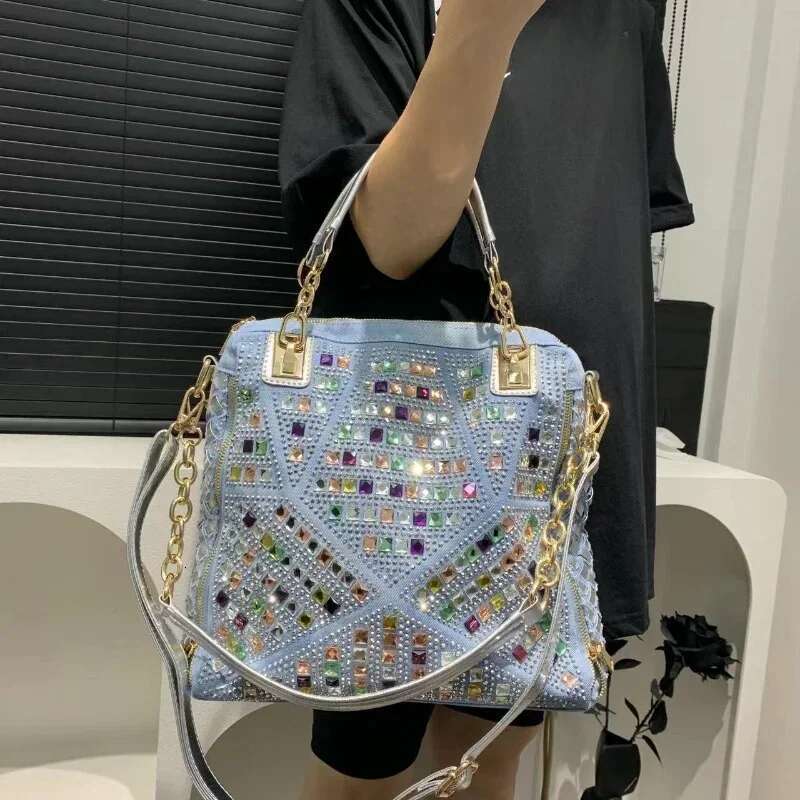 Women's Fashion Denim Braided Tote Bag Large Capacity Dia Shoulder Handbag