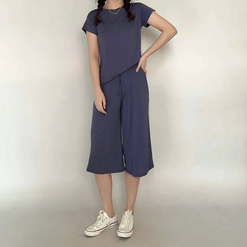 Plus size L to 6XL U-Neck Womens Modal pant calf-length summer wide leg pants drawstring short pants casual homewear pants 250515