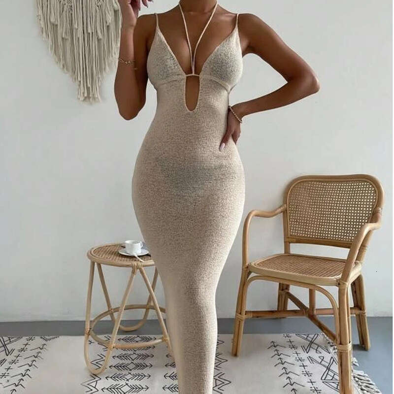 2025 New Women's Clothing Pure Desire Sexy Hollow Hanging Neck Strap Splicing Dress Long Skirt Female