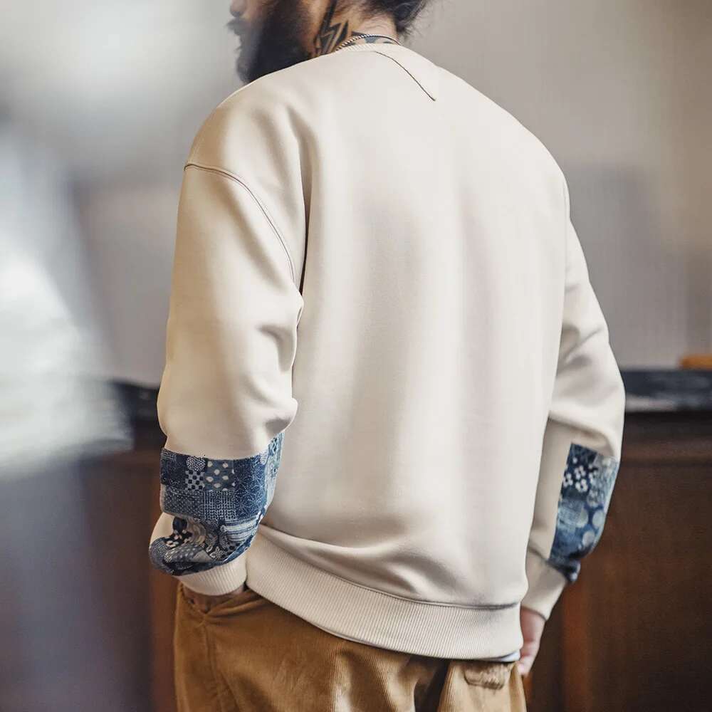 Maden Vintage Boro Patchwork Sweatshirt Casual Round-Neck Tops Men's Classic Pullover For Spring And Autumn Fashion Streetwear Designer