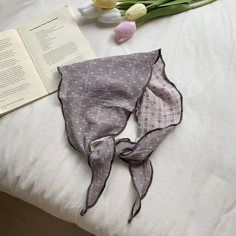 T713 small scarf for women, pastoral style, spring and summer, Japanese style, literary plaid triangle scarf, double-sided decorative neck scarf, head