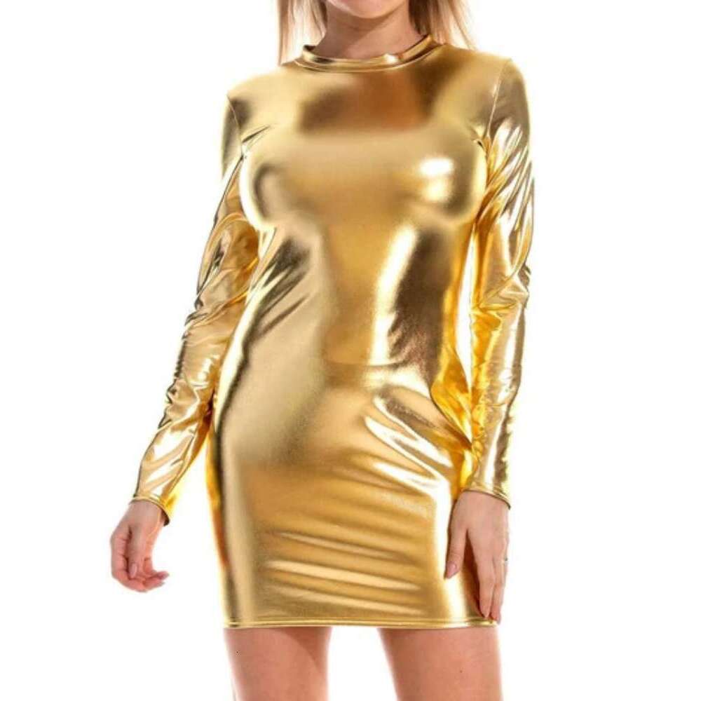 Sexy Shiny Gilding PU Patent Leather Slim Bodycon Women Long Sleeves Solid Color Skinny Dress Elegant Club Party Vestidos