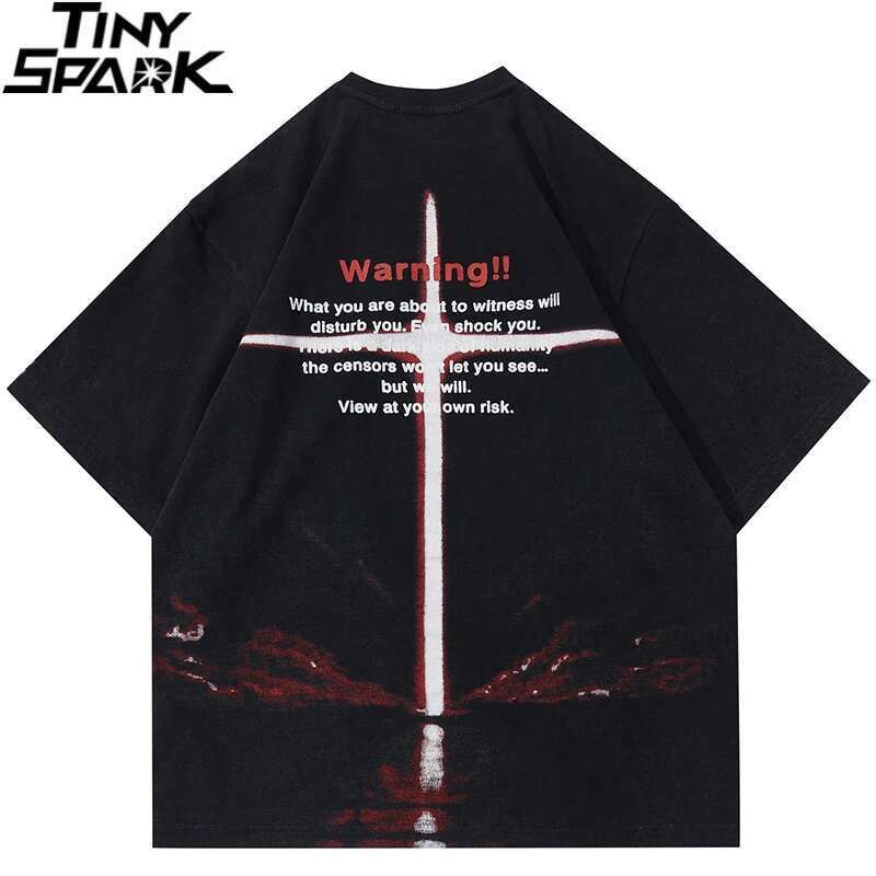Men Streetwear Hip Hop Cross Letter Graphic Hipster T Shirt Black Haruku 2025 Loose Tshirt Cotton Tops Tees Unisex