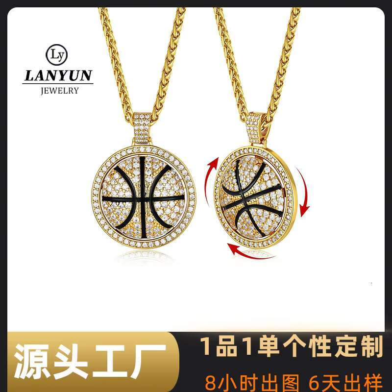 Trendy Men's Hip-Hop Necklace with Rotating Basketball Pendant Stainless Steel and Zinc Alloy Popular Box Chain Jewelry