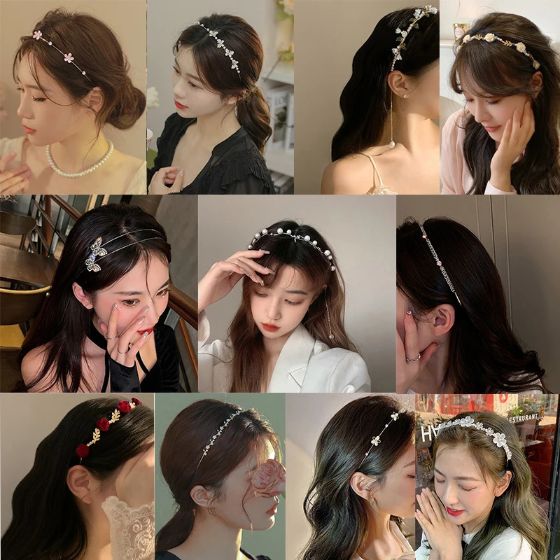 Metal Gold Silver Headband Shiny Rhinestone Flower/Heart/Bow/Butterfly Hairband Hair Hoop Bezel Women Elegant Pearl Hair Bands 250509