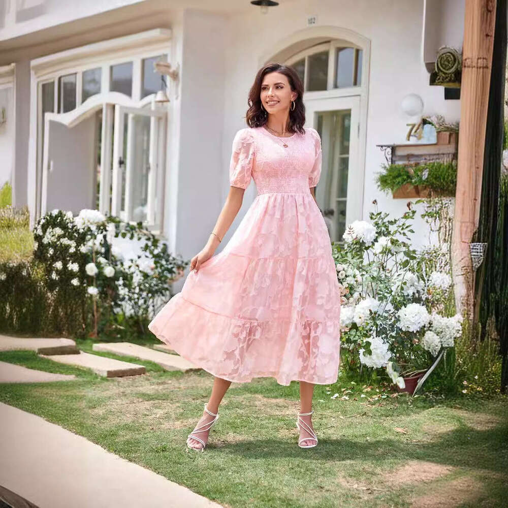 White Dress Maxi Dress 2024 Summer Women's Round Neck Folded Bubble Sleeves Layered Flower Dress KQ