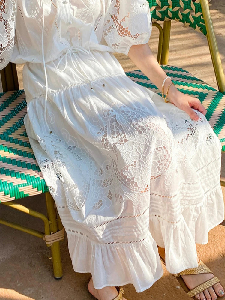 French Vacation Style ed White Blouse Lace Floral Midi Skirt Women Summer 100% Cotton HollowOut TwoPiece Dress Set 250515