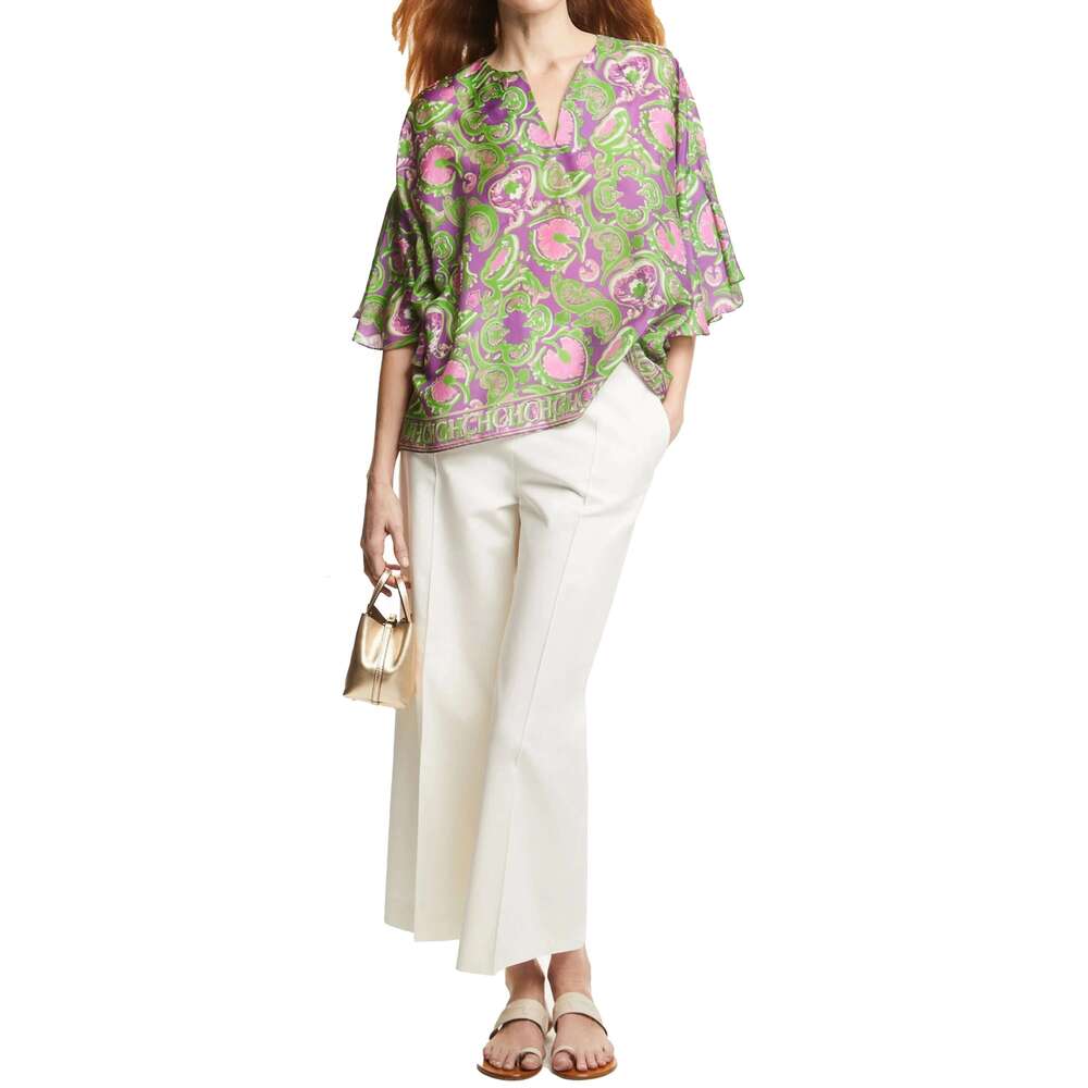 CHCH T-Shirt 2024 New V-Neck Printed Shirt Women's Loose Version Simple Commuter Top