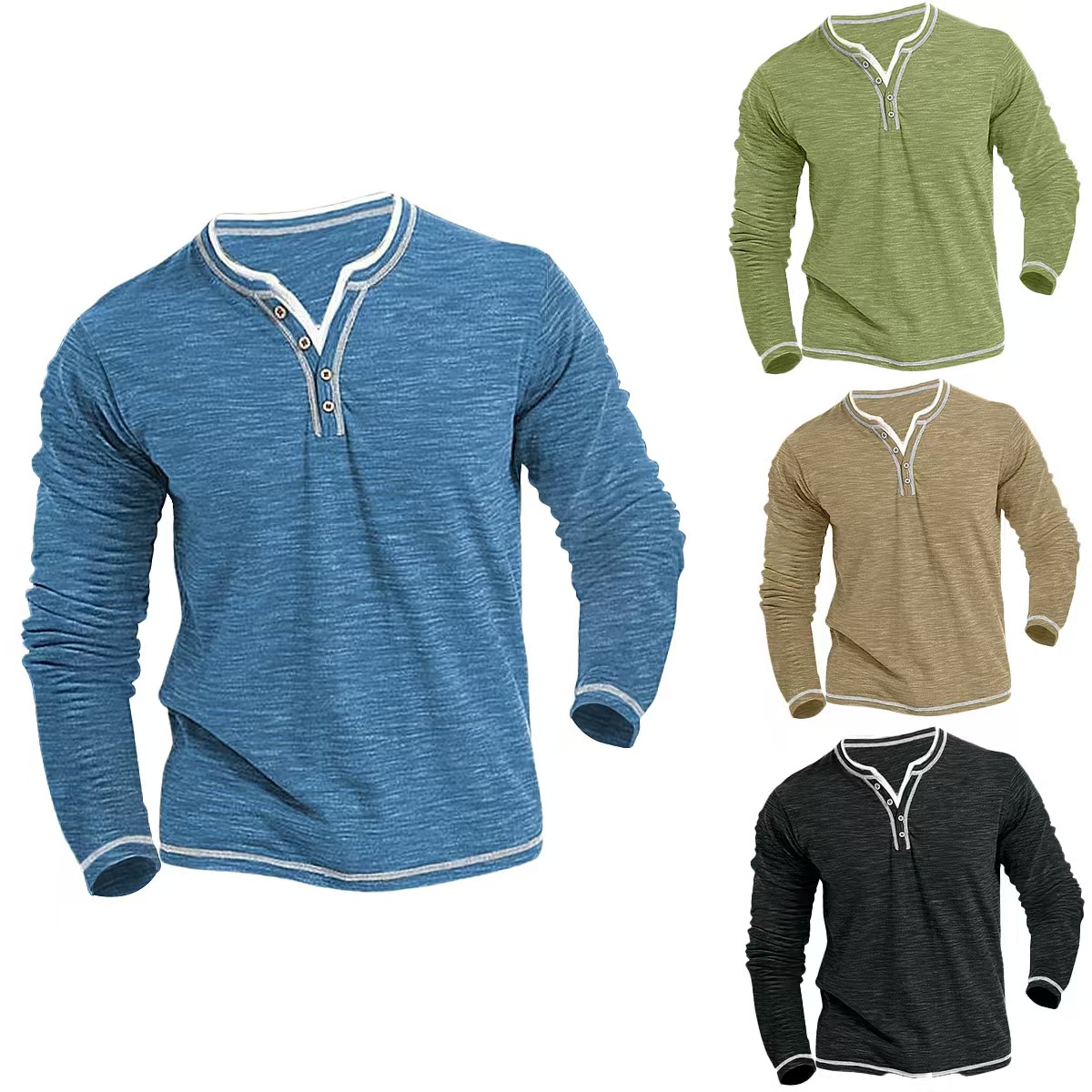 2025 Autumn/Winter Men's Cotton V-Neck Button-Front Henley Shirt, Stretchy Casual Long-Sleeve T-Shirt