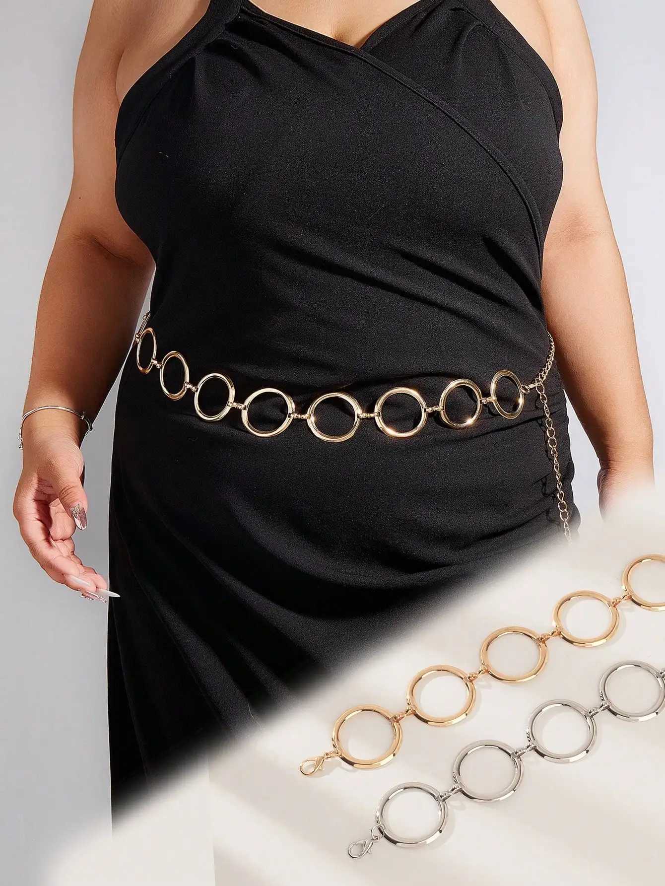 1PCS Plus Size Elegant and sweet style Ladies Golden Chain Belt Metal inlaid hollow ring waist chain Dress accessories Y250515
