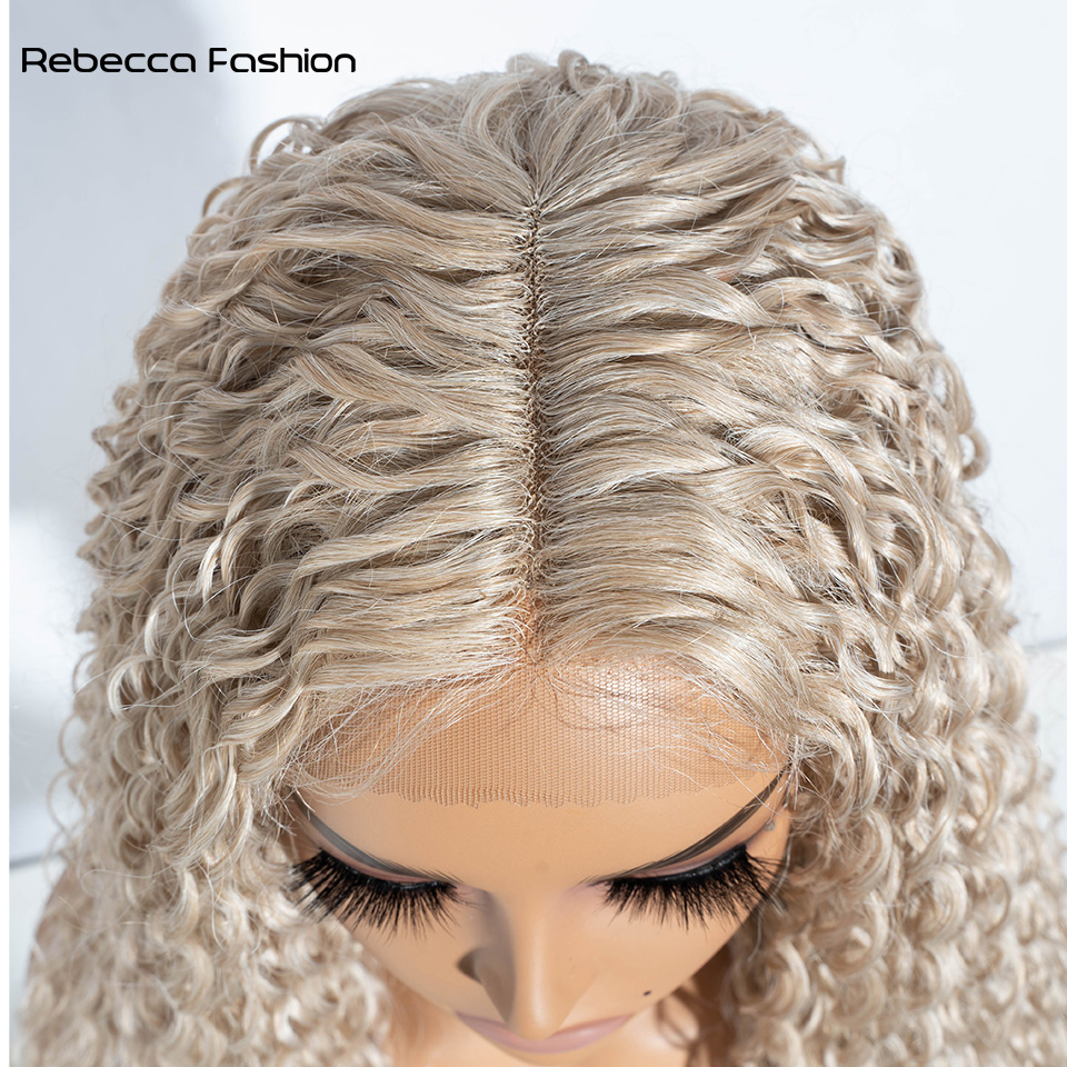 Rebecca Fashion 38" Synthetic Lace Front For Women Middle Part Long Soft Ombre Blonde Wig Kinky Curly Wigs Heat Resistant Fiber Hair