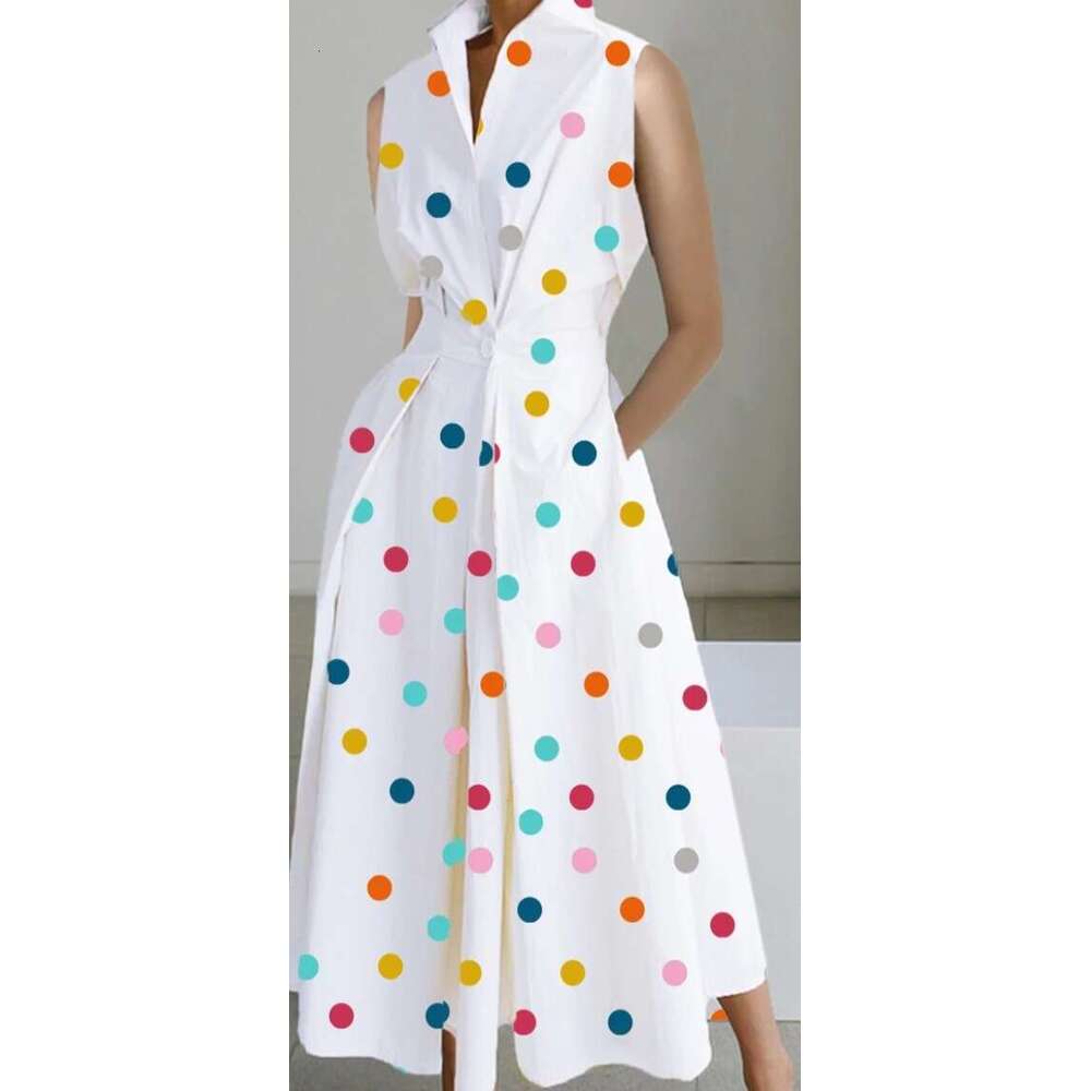 White Dress Maxi Dress 2024 Summer New Commuter Fashion Wave Dot V-Neck Women's Button Fishtail Dress KQ