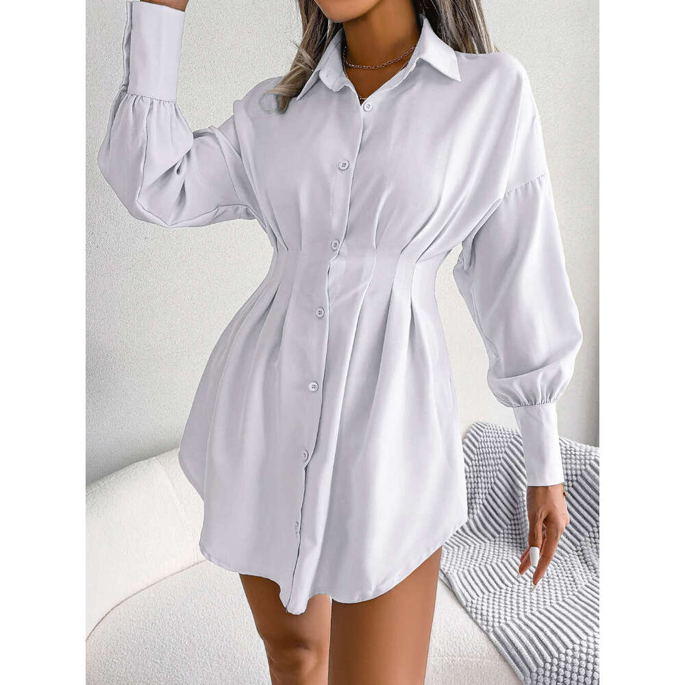 Ins style real-life photos of spring and summer lantern sleeves, waist cinched asymmetrical dress, shirt skirt, women's clothing, 2025 new casual