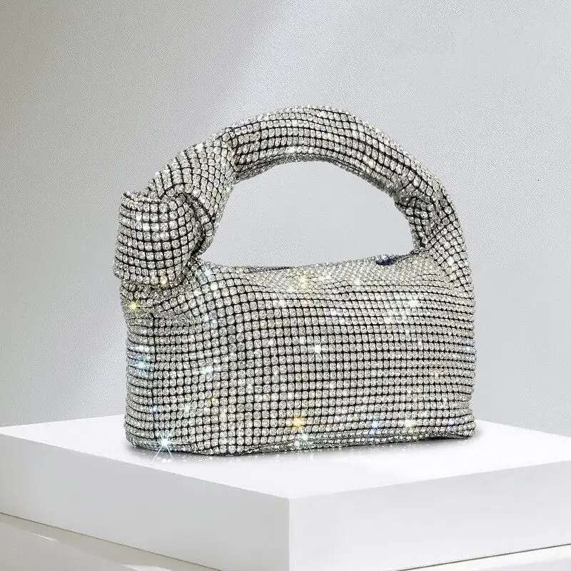 Rhinestones Knot Evening Bags Sier Crystal Top Handle Bag for Women Purses and Handbags Designer Handbag Tote