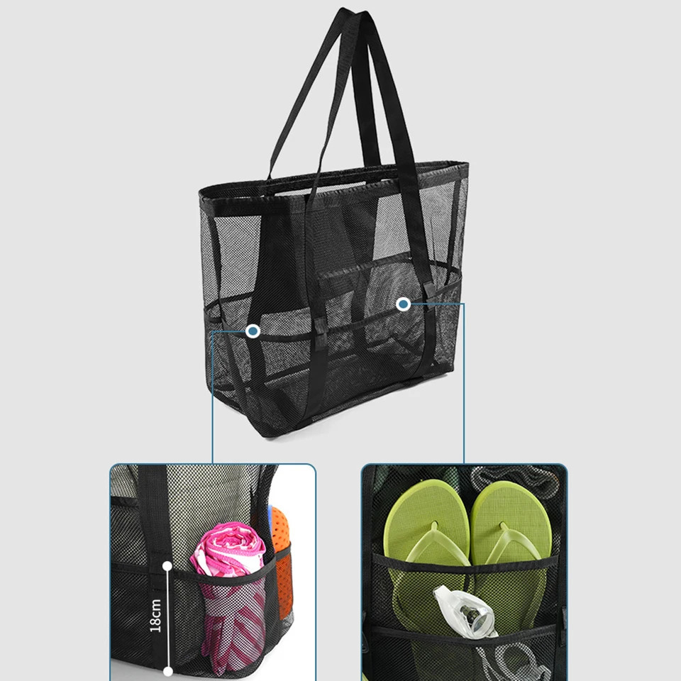 1 Pc Beach Tote Bag Mesh Hollow Foldable Bathroom Storage Bag With Mini Pocket For Swimming Beach HandBag Accessories 250515