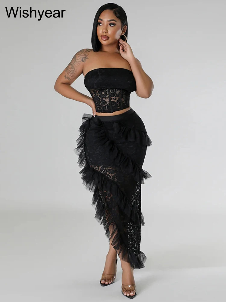 Sexy Two 2 Piece Sets Night Club Outfits for Women White Lace See Through Sleeveless Strapless Top and Ruffles Long Skirts Suit 250515