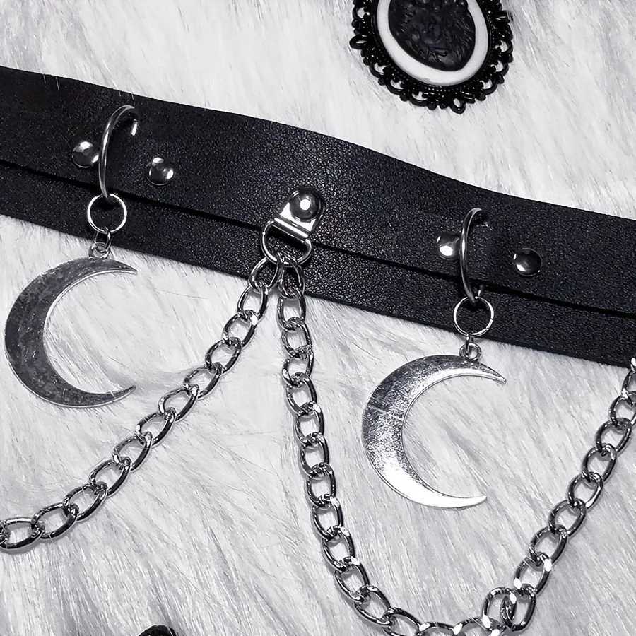 1pc Moon Pendant Chain Fringe Goth Belt Punk Black PU Leather Belts Vintage Waistband For Women daily use Y250515