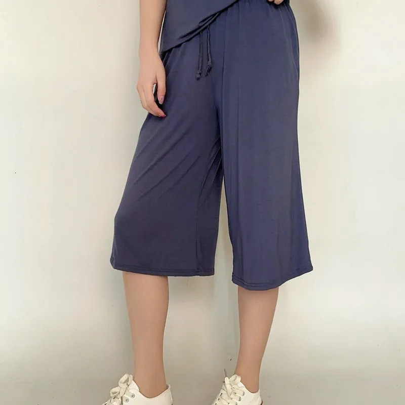 Plus size L to 6XL U-Neck Womens Modal pant calf-length summer wide leg pants drawstring short pants casual homewear pants 250515