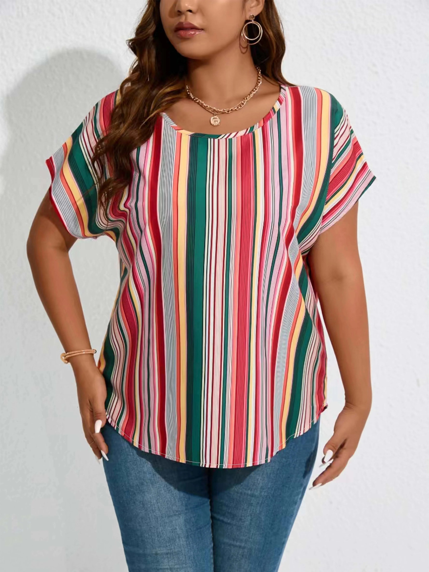 Plus Size Women Striped Print Batwing Sleeve O-neck T-shirt 250515