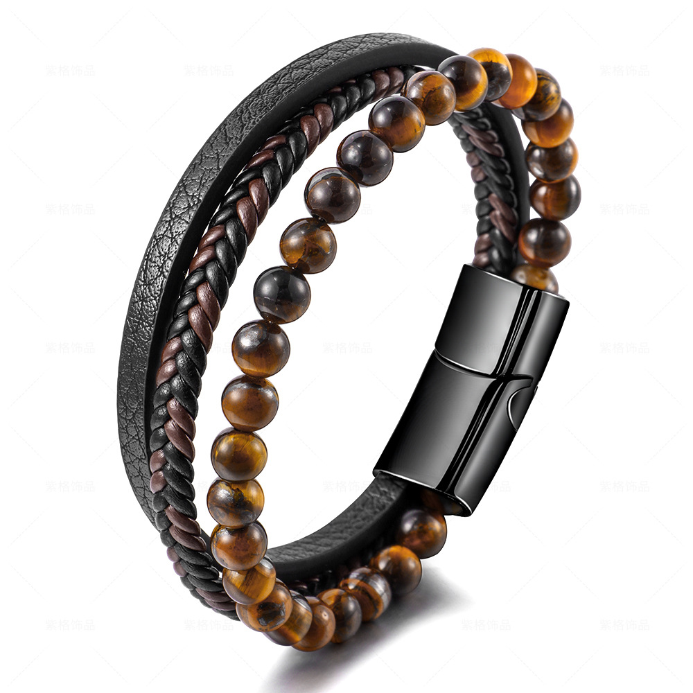 Handcrafted Men's Beaded Bracelet with Natural Tiger Eye Stones & Stainless Steel Cross - Leather & Alloy Material for Stylish Fashion Accessorie