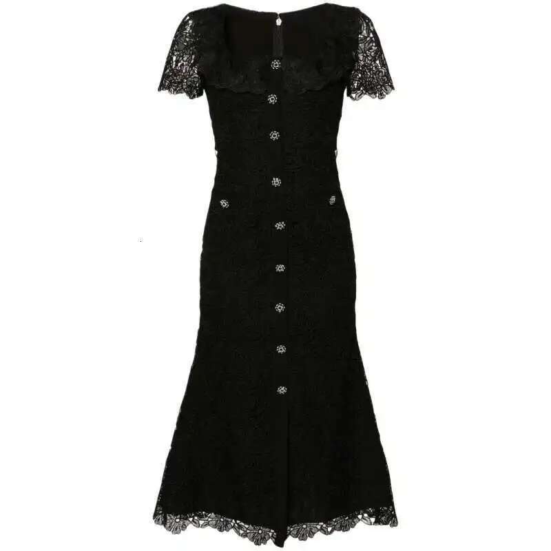 JAMERARY Brand Designer Summer Black Lace Evening Prom Dress Women Dia Button Short Sleeve Midi Long Party Vestidos Quality