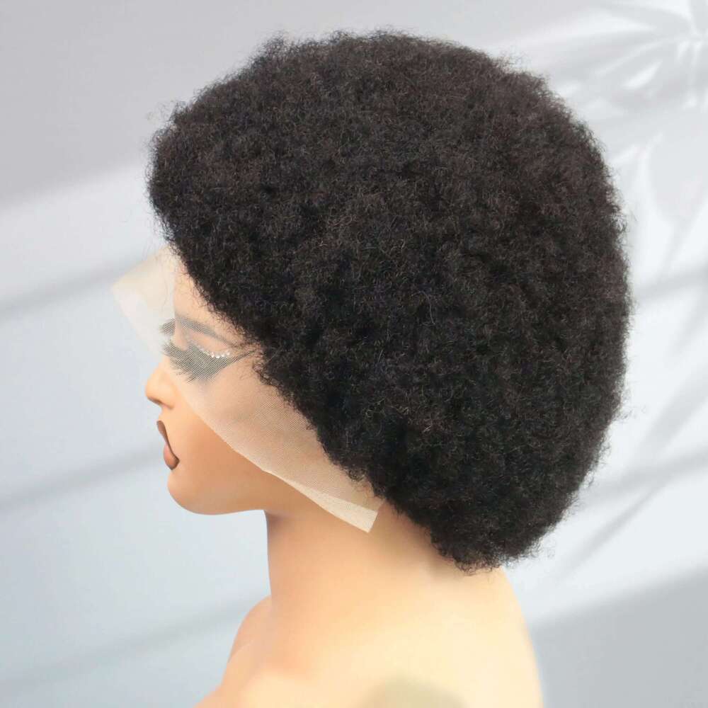 Afro Kinky Curly Human Hair Short Pixie Cut Wigs 13X4 Lace For Women Short Curly Pixie Remy Wig 6 Inch Black Color 180% Density