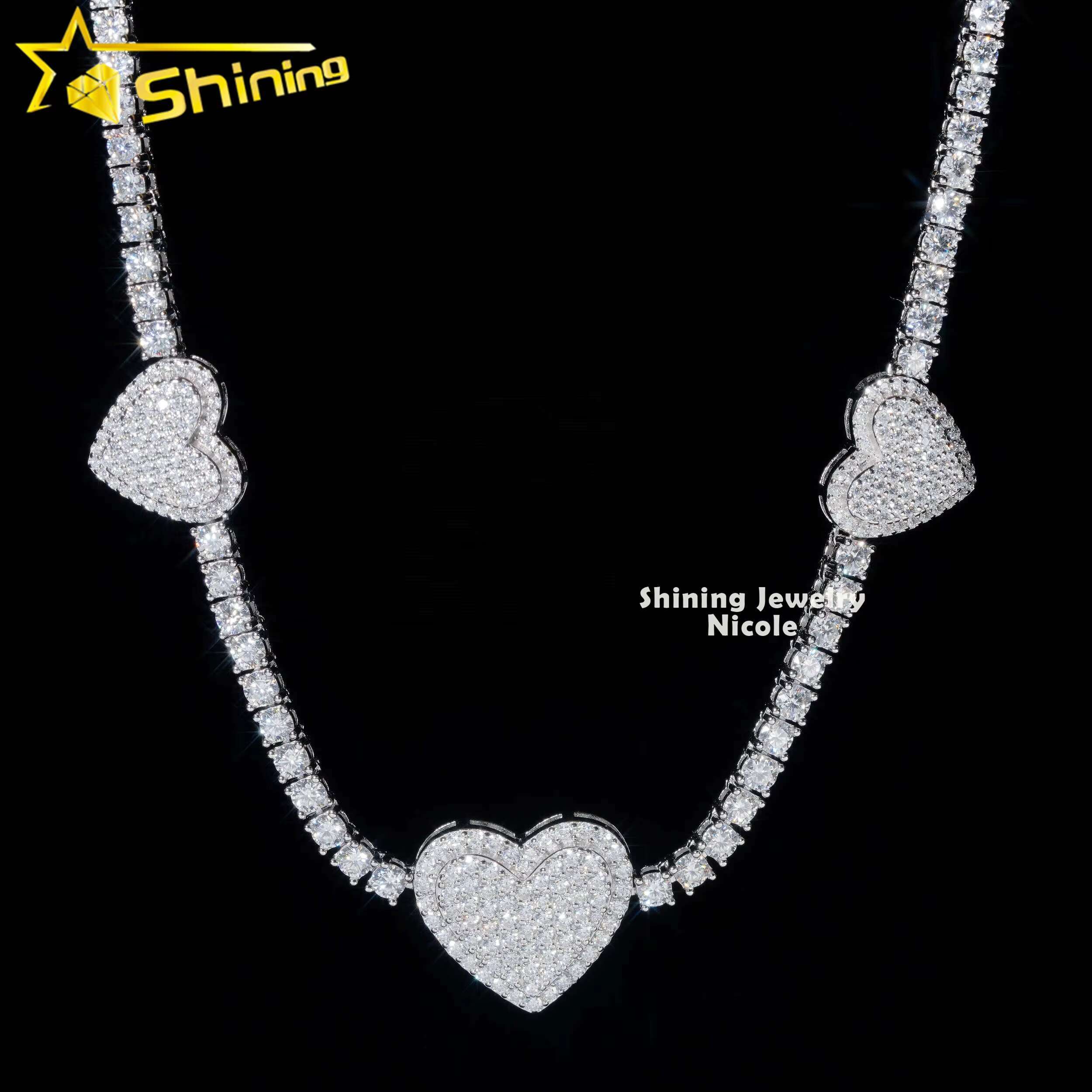 New Design Silver 925 VVS Diamond Moissanite 3MM Iced Out Heart Tennis Chain Necklace