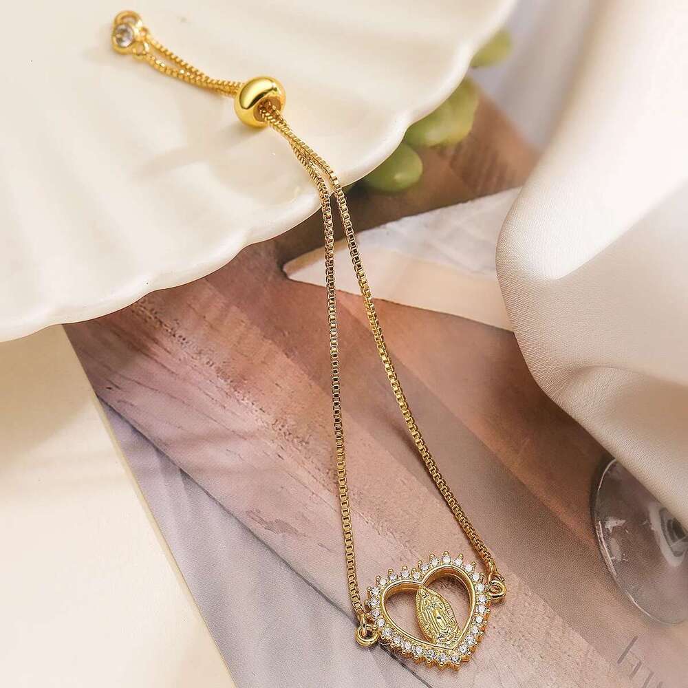 NEWBUY 2024 Fashion Gold Color Box Chain Virgin Mary Charm Bracelets For Women Shiny CZ Zircon Jewelry