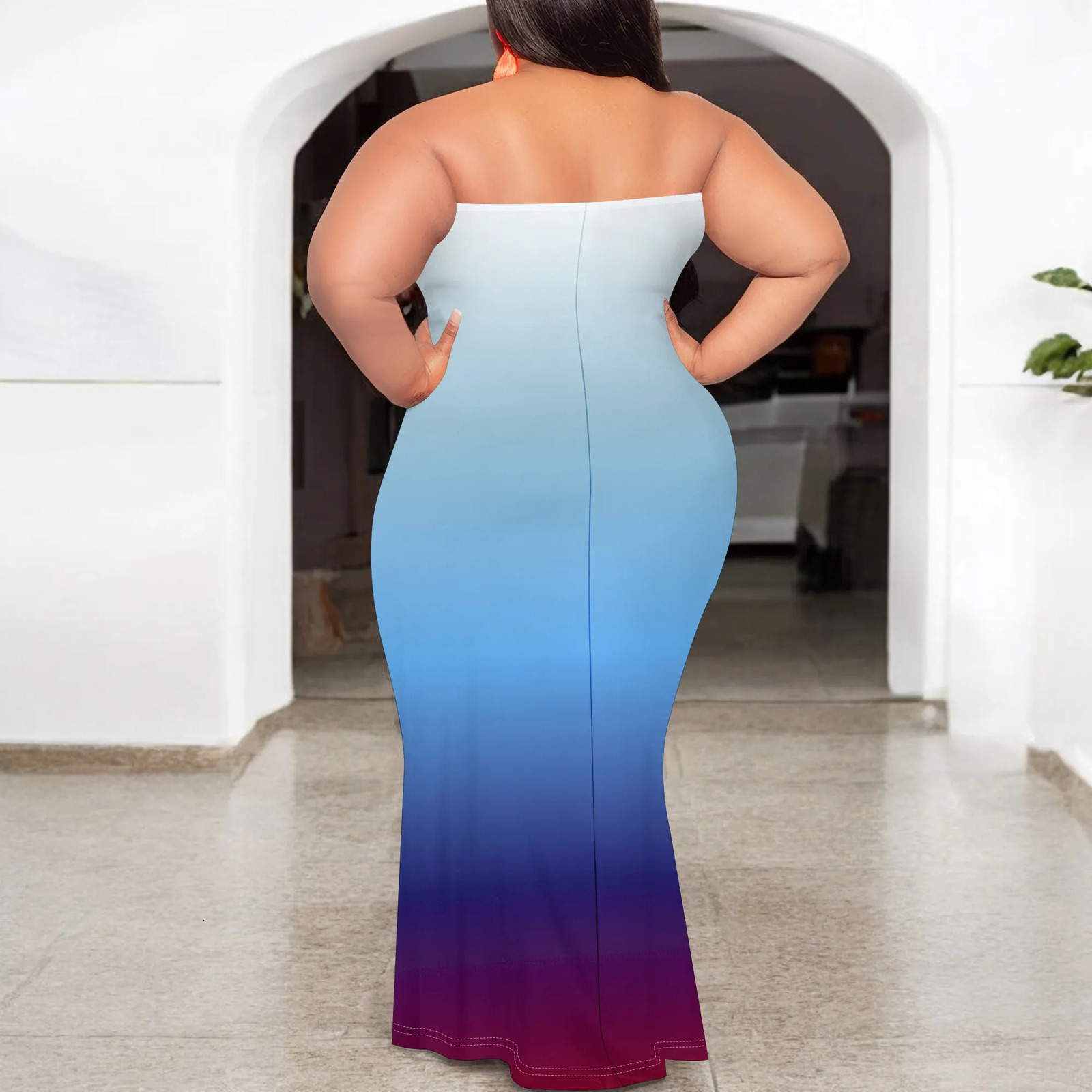 Plus Size Blue Gradient Strapless Maxi Dress for Women Elegant Slim Fit Summer Party 250515