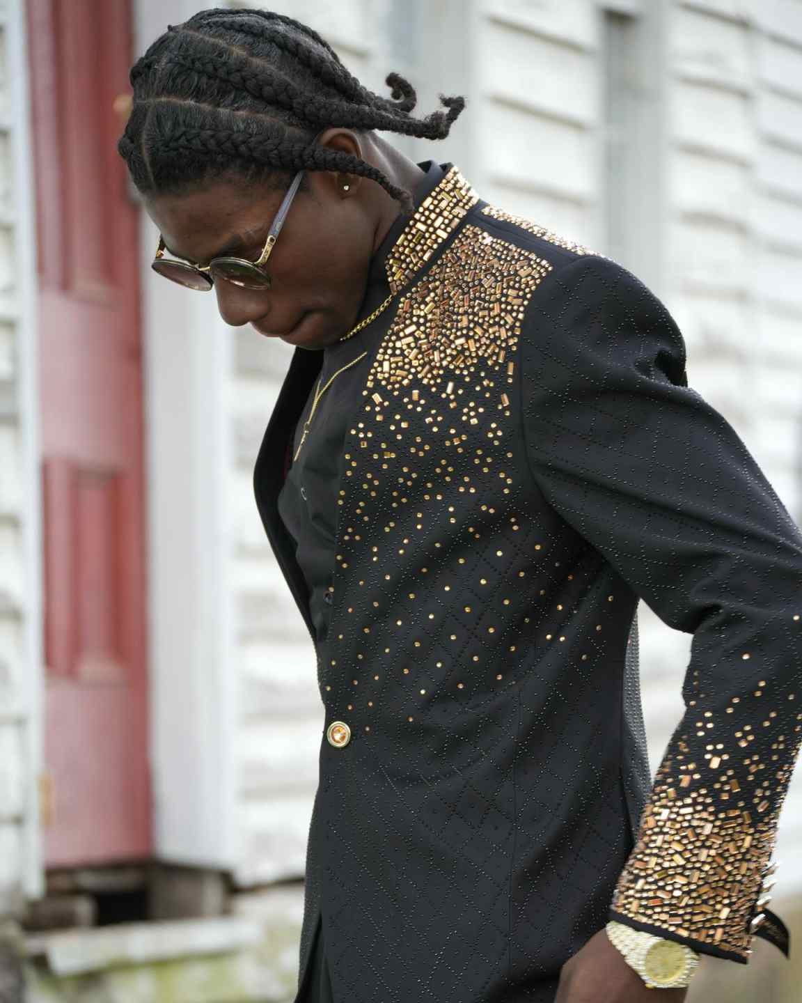 Gold Beads Men Pants Suits Customized Stand Up Collar Wedding Tuxedos Party Sets Male Blazer Homme 2 Pieces