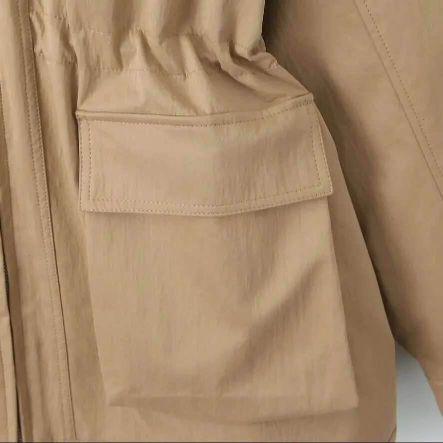 2025 Spring Women Khaki Spliced Faux Leather Lapel Safari Coat Front 2 Pockets Elastic Waist Zipper Jacket Loose Outerwear