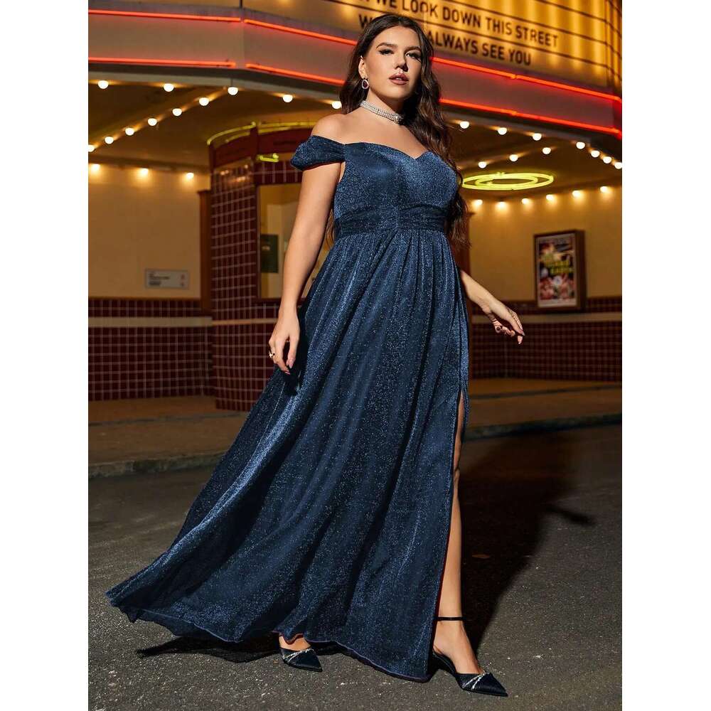 Mgiacy plus size Short sleeve line neck high slit gorgeous woven evening gown ball Party bridesmaid dress