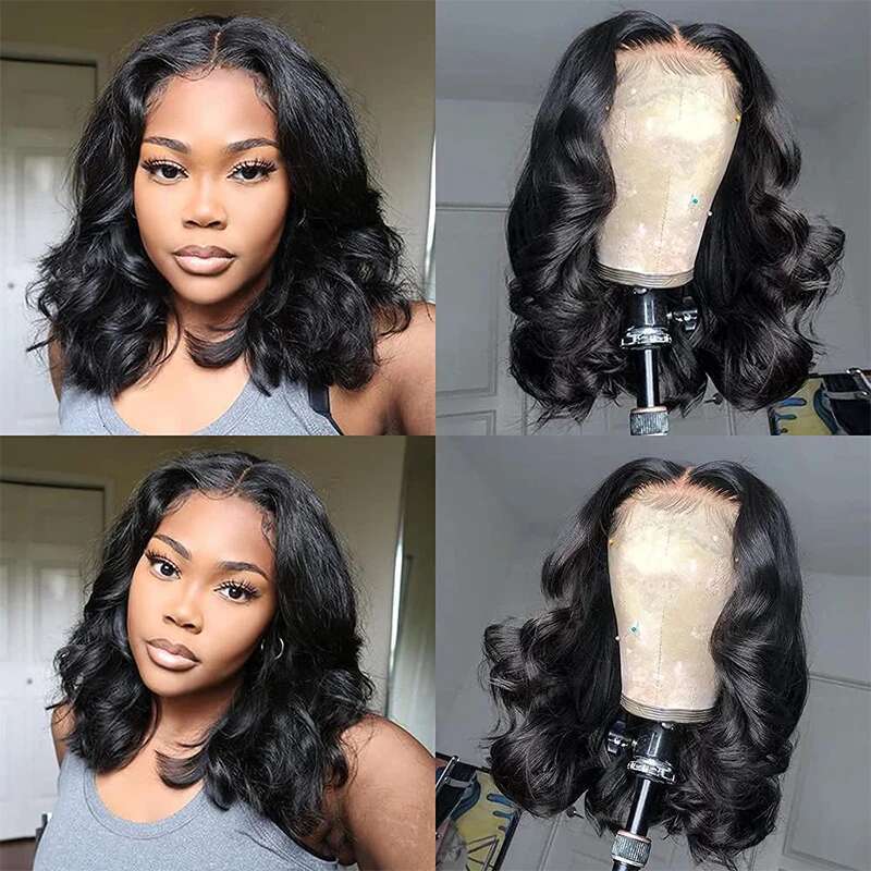 Body Wave Short Bob Wig 180 Density 13X4 Lace Front Human Wig 16 Inch 100% Brazilian Remy Pre Plucked With Baby Hair