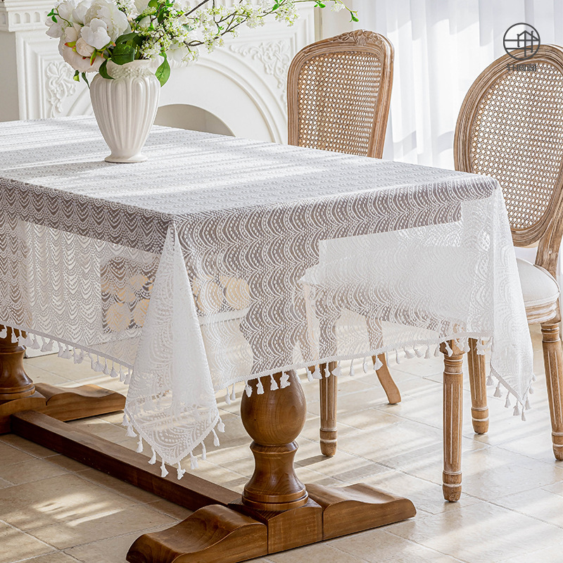 A0909 French light luxury tassel jacquard tablecloth polyester hollow restaurant dustproof tablecloth rectangular mesh cover cloth wholesale