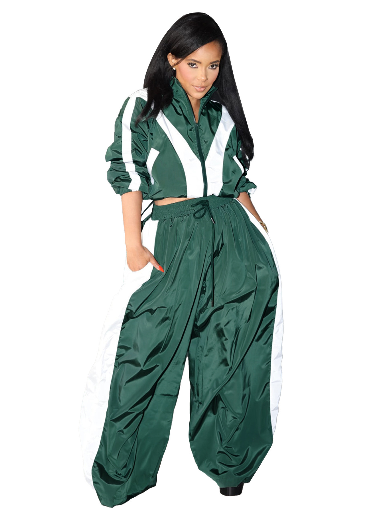HR24071 Womens Zipper Waist Collar Color Contrasting Super Large Super Fat Trendy Two Piece Set