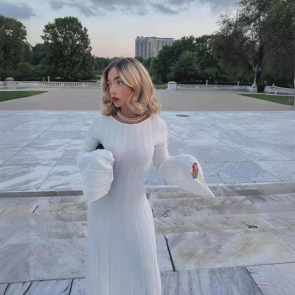 White Dress Maxi Dress 3-Color Autumn And Winter Dress, Casual Core Yarn, Slimming Round Neck, Big Pit Stripe, Backless A-Line Knitted Long Skirt For 