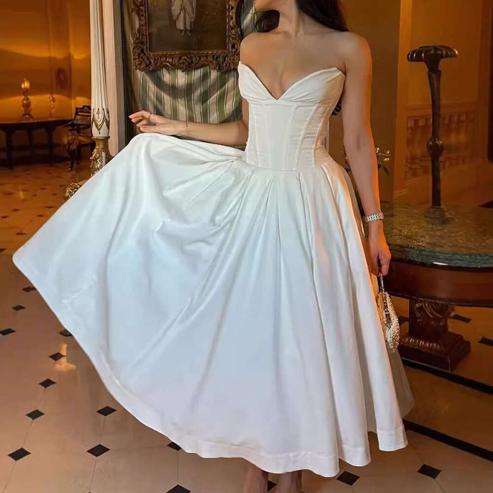 White Dress Maxi Dress New Women's Sexy Strapless, Backless, Fishbone Waist Tied Black Long Dress, Formal Dress KQ