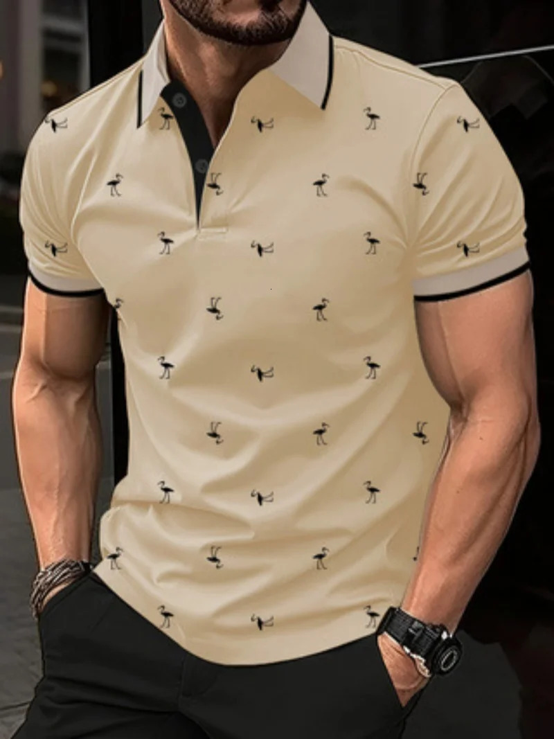 2025 Europe and the United States mens summer fashion 3D lapel Flamingos fashion printed street short-sleeved top 250515