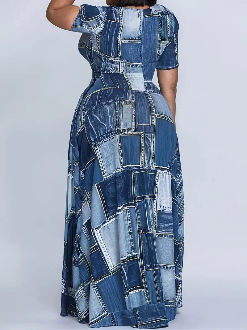 Plus Size 1XL-5XL Summer Maxi Dress Womens Casual Denim Plaid Dress Ladies Round Neck Short Sleeve Summer Maxi Dress Flared Hem 250509