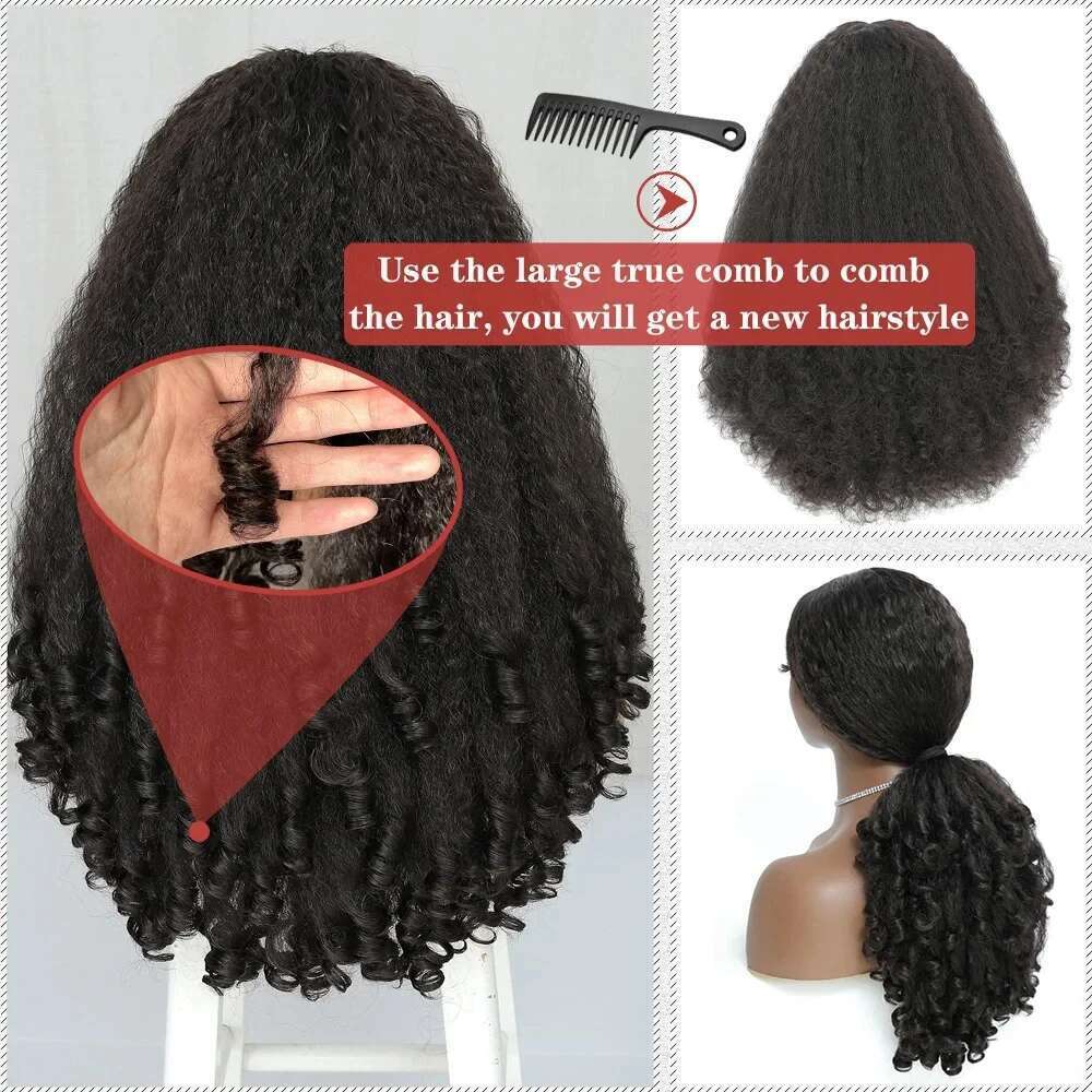 Afro Kinky Headband Curly Ends Synthetic Half Wig for Black Women Yaki Straight Glueless Wigs 200% Density