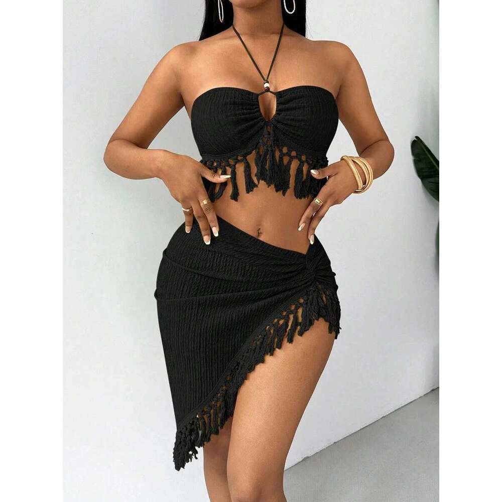 Sexy Tassels Bikini Women's Swimsuit 2025 2 Piece Swimwear Female Outfits Halter Top High Slit Skirt Set Beachwear Bathing Suits