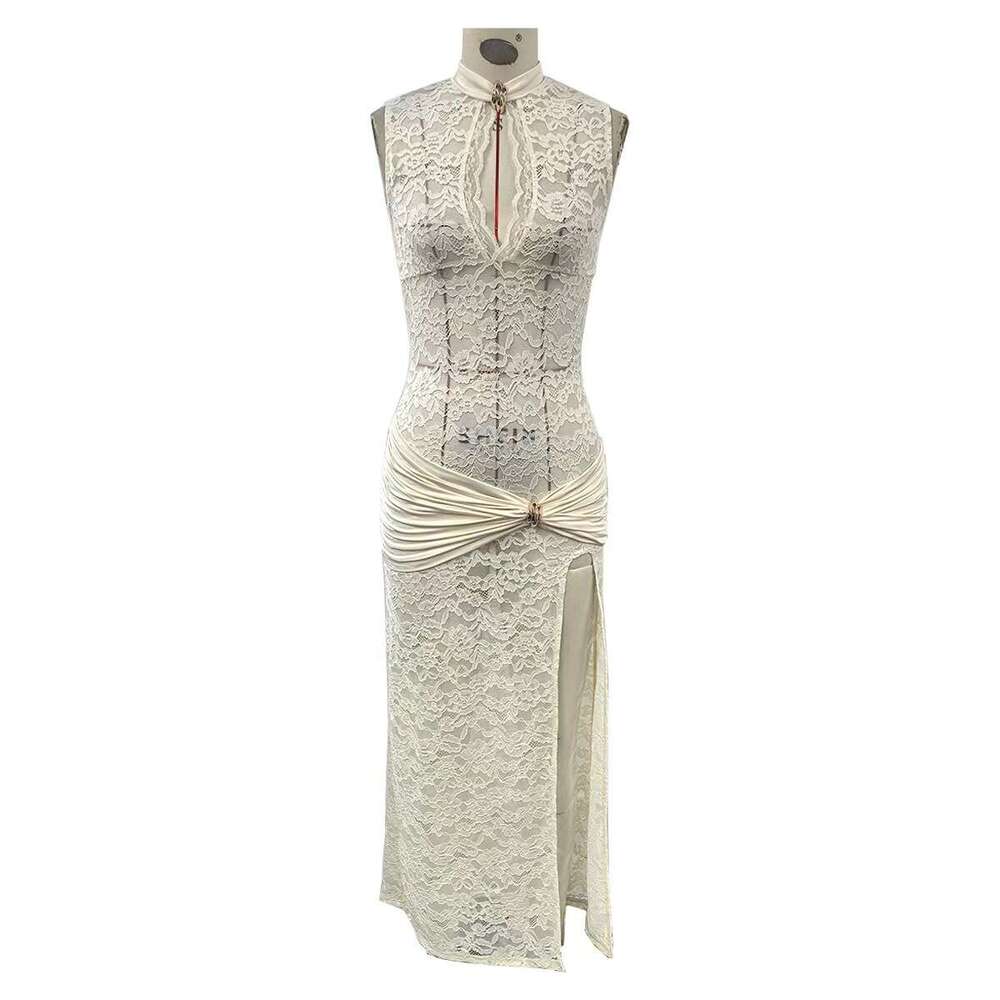 White Dress Maxi Dress Hot Selling New Sexy And Fashionable Lace Hollow Out High Slit Slim Fit Sleeveless Dress For Women KQ